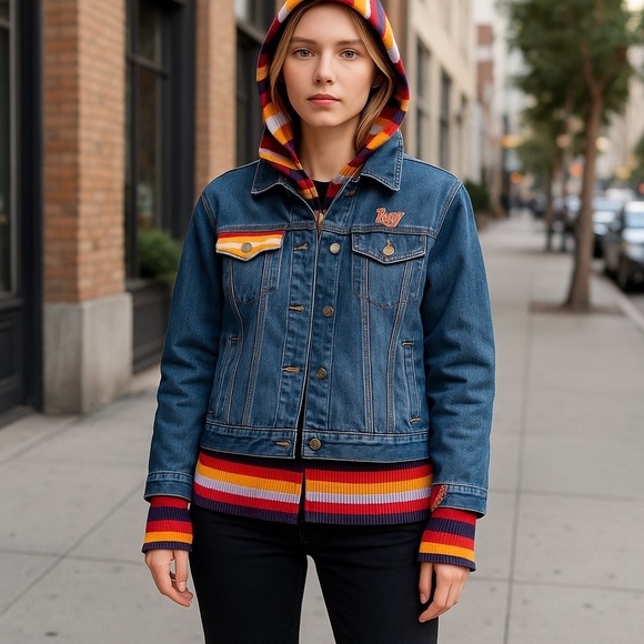 Roca Wear Jr Girls XXL Blue Denim Jean Jacket W/ Hood Knit Multi-Colored Accents - Picture 2 of 8